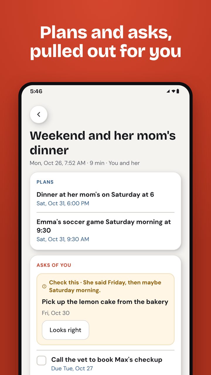 A summary of a talk with her, listing plans and things she asked for
